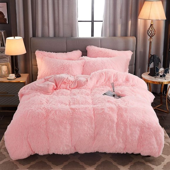 Shaggy Fluffy Faux Fur Duvet Cover Set Button Closure Velvety Bedding Se…